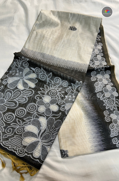 Munga Cotton With Jamdani Weaves Saree - Ivory Cream & Charcoal Grey