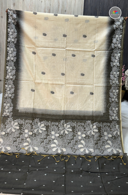 Munga Cotton With Jamdani Weaves Saree - Ivory Cream & Charcoal Grey