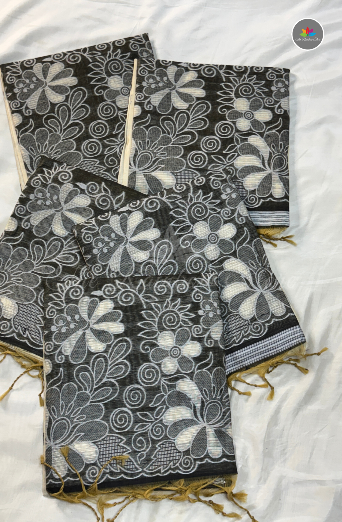 Munga Cotton With Jamdani Weaves Saree - Ivory Cream & Charcoal Grey