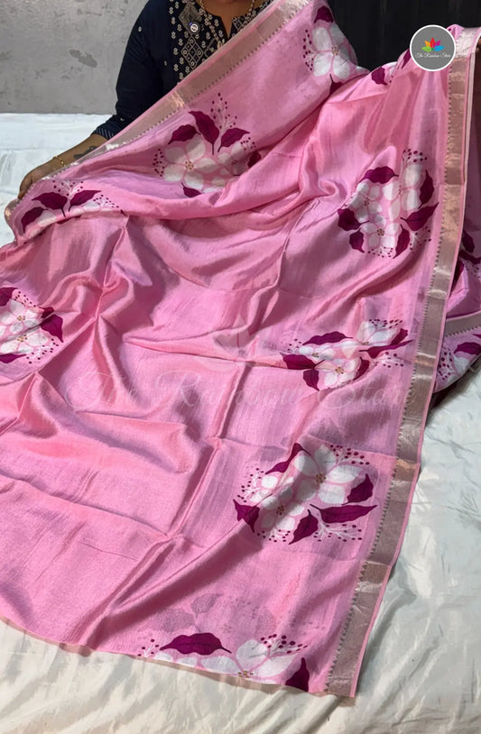 Premium Mangalagiri Pattu With Small Border -Light  Pink