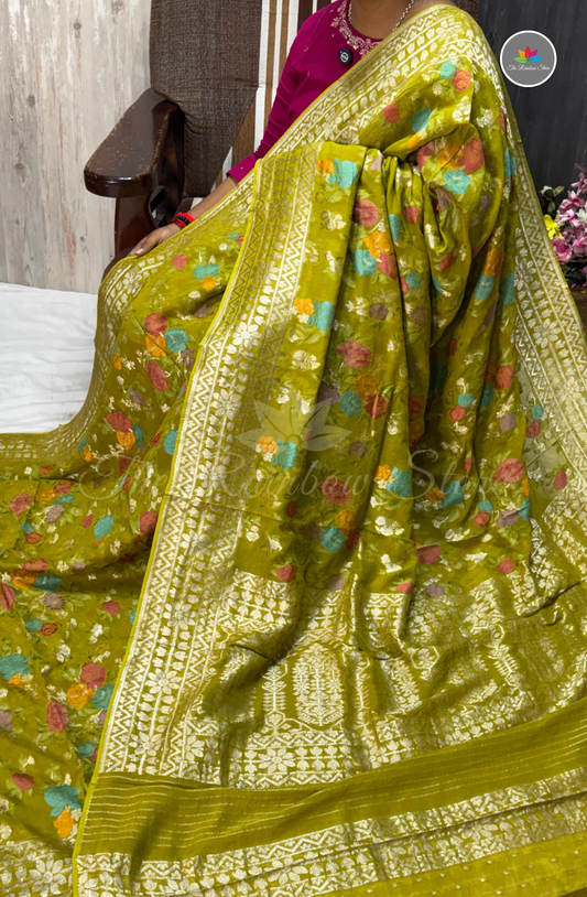 Banarasi  Khaddi Georget - Olive Green
